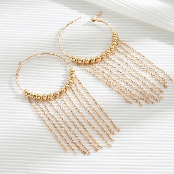 Boho Gold Tone Bead Tassel Dangle Hoop Earrings - Picture 3 of 4